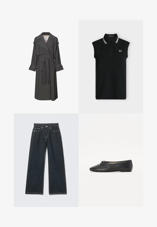 Grauer Trenchcoat mit einem doppelt-knöpfbaren Vorderteil, tailliertem Bund, breitem Kragen und Manschetten. Hat eine glatte Textur und ein maßgeschneidertes Design.; Schwarzes ärmelloses Polohemd mit zwei schwarzen Knöpfen, weißen doppelten Streifen am Kragen und kleinem weißen Lorbeer-Logo auf der Brust.; Dunkelblaue Jeans mit weitem Bein, vorn mit Knöpfen, Reißverschluss, Gürtelschlaufen und fünf Taschen, auf hellem einfarbigem Hintergrund.; Schwarze Leder-Ballerinas mit runder Zehenpartie und dekorativem Schleifchen. Das Design zeichnet sich durch eine glatte Textur und einen niedrigen, flachen Absatz aus.