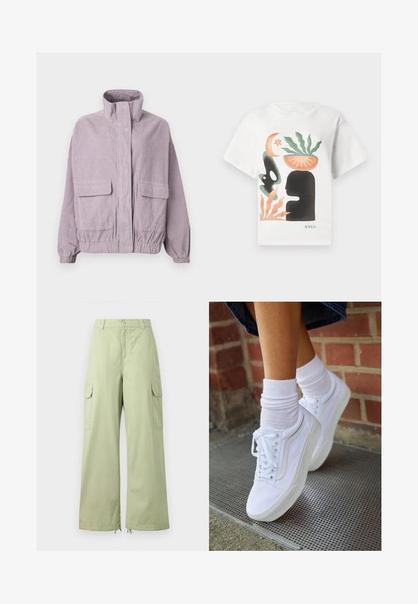 Veste en velours côtelé lilas avec un col haut, poches à rabat à l'avant, poignets élastiques et détail d'ourlet, présentée sur un fond blanc.; T-shirt blanche avec une art abstrait représentant une silhouette noire de tête, une plante verte dans un bol orange sur la tête, des formes orange et vert, et le logo "RVCA".; Pantalons cargo vert clair avec jambes larges, en coton. Présente deux poches latérales et une fermeture à bouton. Texture lisse et design décontracté.; Baskets en toile blanches avec semelles en caoutchouc, dotées de six œillets, d'un bout rond et de détails de couture légers, portées avec des chaussettes blanches mi-mollet.