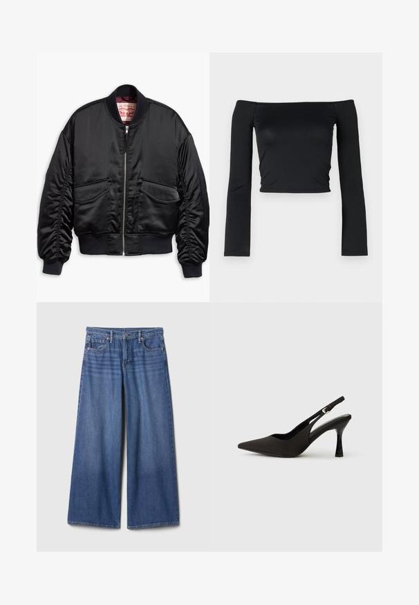 Veste bomber noire en satin lisse au design raccourci, avec poignets et ourlet côtelés, deux poches avant et une fermeture à glissière.; Top noir court avec des manches longues ajustées et un décolleté off-shoulder, fabriqué en tissu doux et lisse. Design simple et ajusté au corps.; Jeans en denim à jambes larges de couleur bleu moyen, avec une taille haute, cinq poches et des accents de couture. Texture lisse, finition sans ornements.; Chaussures à talons noires avec une bride, à bout pointu, finition mate lisse et talon fin brillant. Sangle ajustable avec petit détail de boucle.