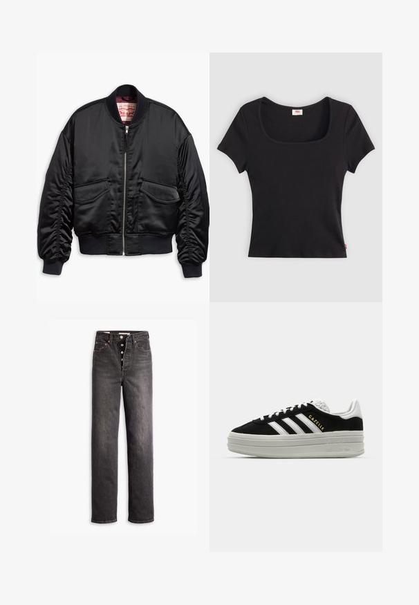 Veste bomber noire en satin lisse au design raccourci, avec poignets et ourlet côtelés, deux poches avant et une fermeture à glissière.; Haut noir à manches courtes en tissu côtelé, avec un décolleté carré large et une coupe ajustée, orné d'une petite étiquette logo rouge au bas.; Jean noir taille haute avec une coupe droite, fabriqué en denim. Il comporte un bouton de fermeture, des accents en cuivre et des coutures contrastées.; Baskets en daim noir avec des accents en cuir blanc, trois rayures blanches, lacets plats et une semelle épaisse en gris. Marquage doré "Gazelle".