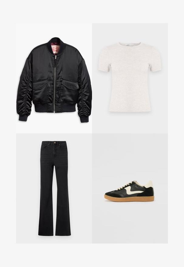 Veste bomber noire en satin lisse au design raccourci, avec poignets et ourlet côtelés, deux poches avant et une fermeture à glissière.; T-shirt gris clair à manches courtes en tissu côtelé avec un col rond. Design simple, texture lisse, sans motifs ni accents visibles.; Jeans en denim noir taille haute avec bouton avant, passants de ceinture et jambes légèrement évasées sur fond blanc.; Baskets en daim et cuir noir avec un swoosh latéral crème et un talon crème clair. Dotées de lacets beige et d'une semelle en caoutchouc gomme.