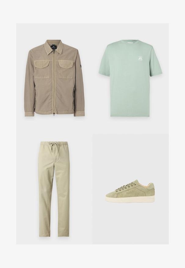 Beige, letvægtsjakke med to brystlommer, lynlåslukning foran og krave. Struktureret stof med elastiske manchetter.; Lysegrøn T-shirt med korte ærmer og lille hvid "J.LINDEBERG STOCKHOLM"-logo på venstre bryst, rund hals, ensfarvet design.; Lysebeige bukser med elastisk taljebånd og snøre. Fremstillet af blødt stof, med lige ben og uden lommer eller mønstre.; Lysegrøn ruskindsneaker med beige accenter, rundet tå og flade snørrebånd. Har en tekstureret overflade og et minimalistisk design.
