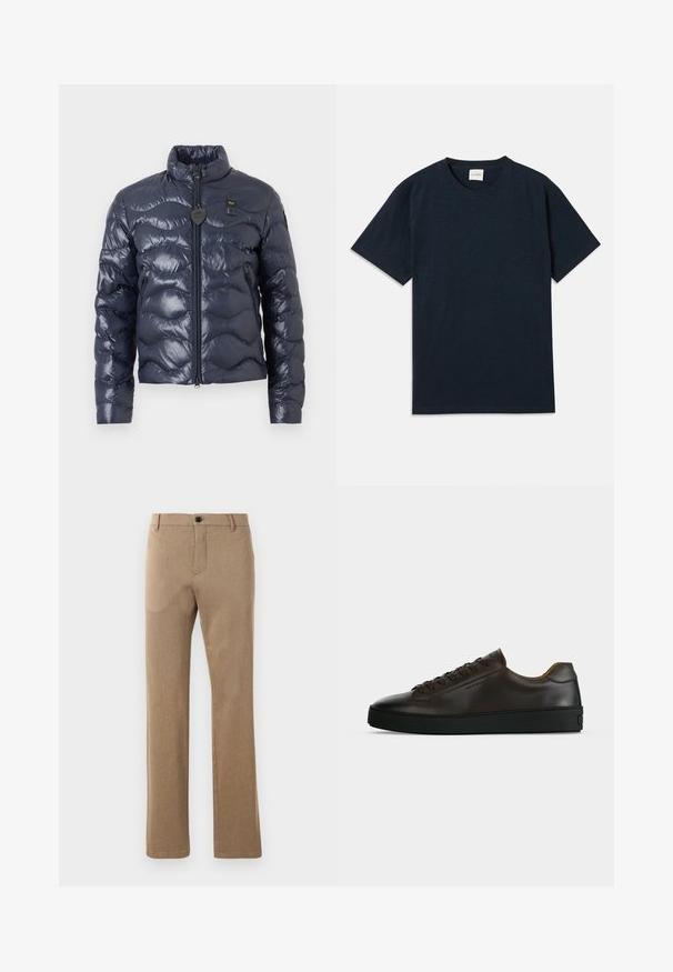 Veste matelassée bleu marine avec col montant, fermeture éclair à l'avant, poches latérales et une petite étiquette noire en forme de cœur sur la poitrine.; T-shirt à manches courtes en bleu marine uni avec un petit logo embossé près de l'ourlet inférieur.; Pantalon marron ajusté, fabriqué dans un tissu texturé avec une coupe droite, présentant une fermeture à bouton à l'avant et des poches latérales.; Baskets basses en cuir marron foncé avec semelle en caoutchouc noire, lacets à l'avant et design minimaliste épuré sur fond clair.