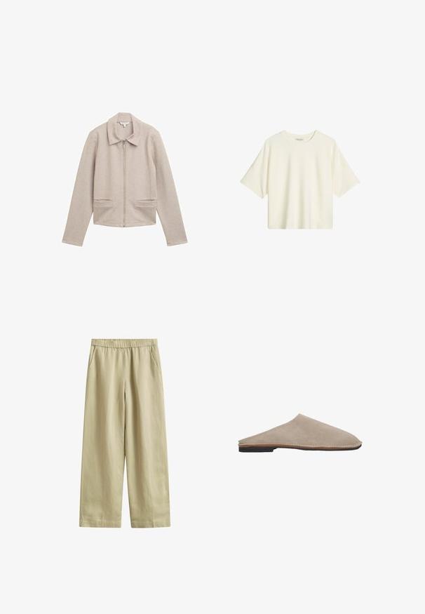 Veste zippée beige clair avec un col, des manches longues et deux poches avant. Fabriquée en tissu côtelé et texturé.; T-shirt à manches courtes de couleur crème avec un col rond et une coupe décontractée, présenté à plat sur fond blanc.; Pantalon beige à jambes larges avec taille élastique et poches latérales, en tissu léger.; Mule à enfiler en suède beige avec une texture lisse, bout arrondi et une semelle intermédiaire en cuir brun fin. Semelle extérieure en caoutchouc noir plate.