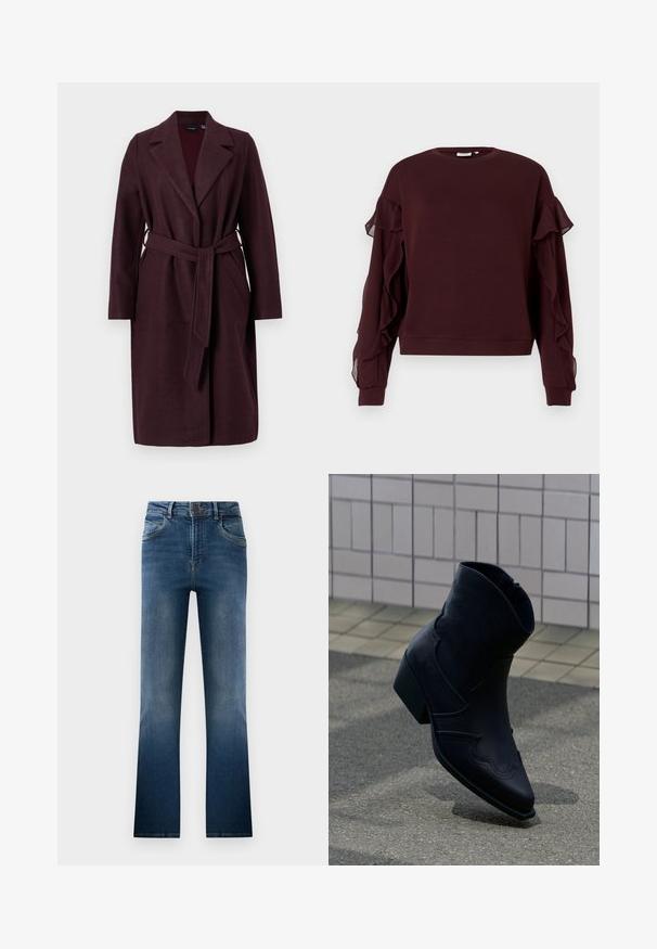Bordeaux wollen jas met een sjaalkraag, lange mouwen en een bijpassende stoffen riem. Voorzien van zijzakken en een enkele knoopsluiting.; Donker bordeaux lange mouwen sweatshirt met doorzichtige ruches langs de mouwen en geribbelde manchetten en onderkant.; Donkerblauwe denim flared jeans, met een vervaagde wassing, vijf zakken en riemlussen. Klassiek ontwerp met een sluiting met een knoop aan de voorkant.; Zwarte leren enkellaars met lage hak, decoratieve stiksels en puntige neus, rechtop geplaatst op een betegelde ondergrond naast een betegelde muur.