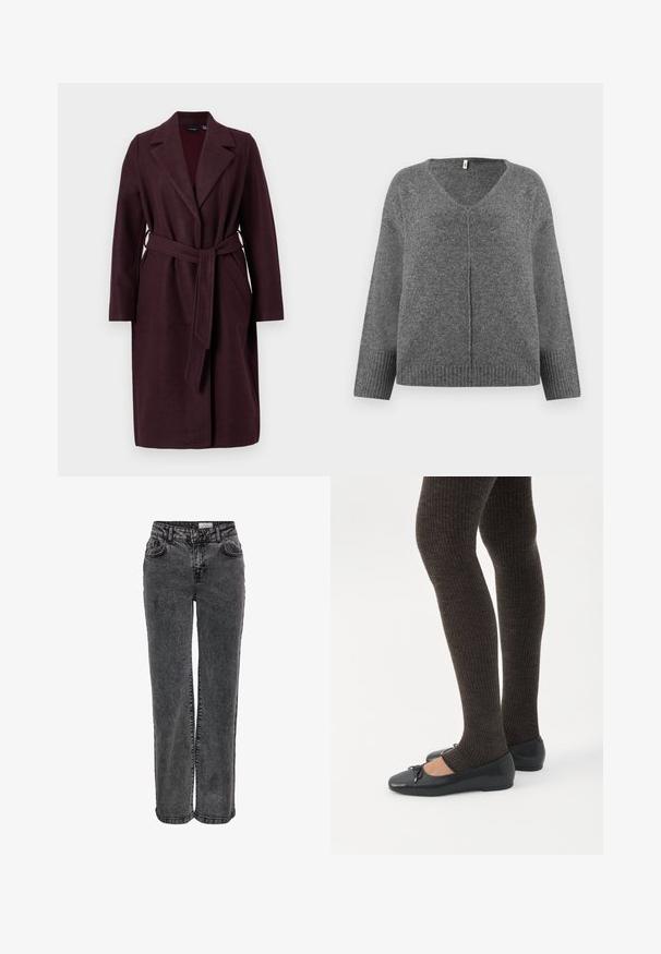 Burgunderfarvet uldfrakke med sjalkrave, lange ærmer og bælte i matchende stof. Har sidelommer og lukning med en enkelt knap.; Grå V-hals sweater med lange ærmer, lavet af blødt materiale. Har ribbet detaljering ved handsker og kant, med en løs og afslappet pasform.; Sorte denimjeans med lige ben, der har forlommer, bæltestropper og en subtil, falmet tekstur.; Ben iført mørke ribbede leggings kombineret med sorte balletsko med små sløjfedetaljer på hvid baggrund.