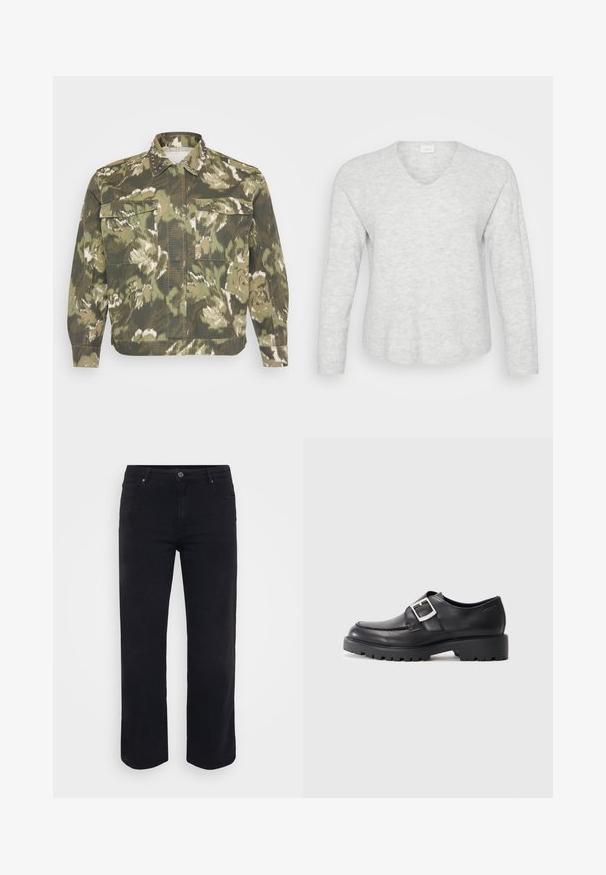 Militærinspireret skjortejakke i grøn camouflageprint. Har nitter på kraven og manchetterne, med to brystlommer og lange ærmer.; Lys grå langærmet sweater med ribbet tekstur, V-hals og en let buet kant. Blødt materiale med subtile mønstervariationer.; Sorte denimjeans med lige ben-design. Funktioner inkluderer en knaplukning i taljen, bæltestropper og front-/baglommer. Glat tekstur.; Sorte lædersko med en rund tå, der har en sidebuckle-detalje og en tyk, robust sål. Glat tekstur med minimal syning.