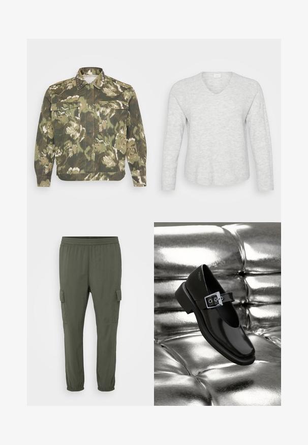 Militærinspireret skjortejakke i grøn camouflageprint. Har nitter på kraven og manchetterne, med to brystlommer og lange ærmer.; Lys grå langærmet sweater med ribbet tekstur, V-hals og en let buet kant. Blødt materiale med subtile mønstervariationer.; Grønne cargo bukser med elastisk talje, indsnævrede ben og sidelommer. Fremstillet af letvægtsstof med en glat tekstur.; Sorte læder Mary Jane sko med firkantet tå, en sølv spænde accent og en chunky lav hæl, sat mod en glansfuld sølv baggrund.