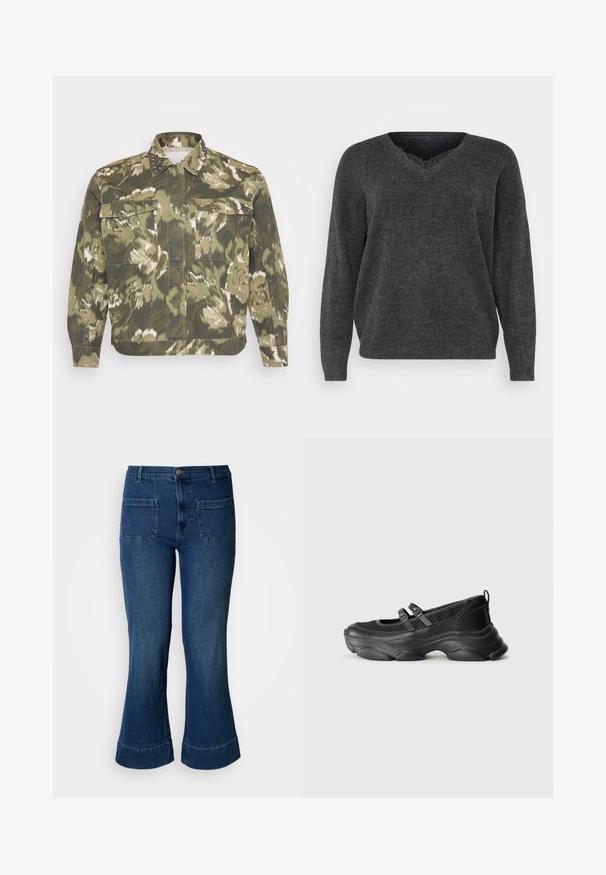 Militærinspireret skjortejakke i grøn camouflageprint. Har nitter på kraven og manchetterne, med to brystlommer og lange ærmer.; Mørkegrå strikket sweater med v-hals, lange ærmer og afslappet pasform. Blød tekstur, minimal detaljering og en glat overflade.; Blå denimjeans med vide ben, forlommer med lapper, bæltestropper og knaplukning i taljen.; Sorte sko med et struktureret mesh-overdel, rund tå, to justerbare stropper og en chunky, bølget sål for ekstra støtte.