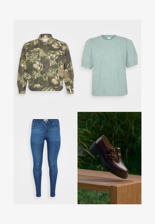 Militærinspireret skjortejakke i grøn camouflageprint. Har nitter på kraven og manchetterne, med to brystlommer og lange ærmer.; Mintgrøn strikket sweater med korte pufærmer og rund hals. Blød tekstur og afslappet pasform. Ensartet design uden synlige mønstre eller accenter.; Tynde blå denim jeans med en glat overflade, fem-lomme design og en standard knaplukning i taljen.; Mørkebrune lædersko med dobbelt rem, perforerede detaljer og tyk sort sål, hængende over et træbord udendørs.