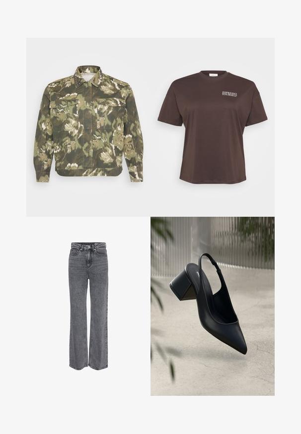 Militærinspireret skjortejakke i grøn camouflageprint. Har nitter på kraven og manchetterne, med to brystlommer og lange ærmer.; Brun t-shirt med korte ærmer og teksten "ESPRESSO YOURSELF" i hvidt på øverste venstre side. Simpelt, afslappet design.; Grå denimjeans i høj talje og med lige ben, med frontknap, lynlåslukning og klassisk design med fem lommer.; Sort læder slingback hæl med spids tå og blokhæl. Glat tekstur, minimalistisk design og justerbar ankelrem.