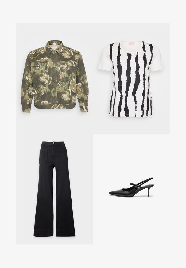 Militærinspireret skjortejakke i grøn camouflageprint. Har nitter på kraven og manchetterne, med to brystlommer og lange ærmer.; Kortærmet T-shirt i hvid bomuld med sorte, flossede stribemønstre. Rund halsudskæring og lige snit. Ingen yderligere detaljer eller pynt.; Sorte bukser med høj talje og vide ben med frontlommer med lap og knaplukning, lagt fladt på en ensartet lys baggrund.; Sorte læder slingback hæle med spids tå, slank justerbar rem og en stiletto hæl på cirka 5 cm, glat tekstur.