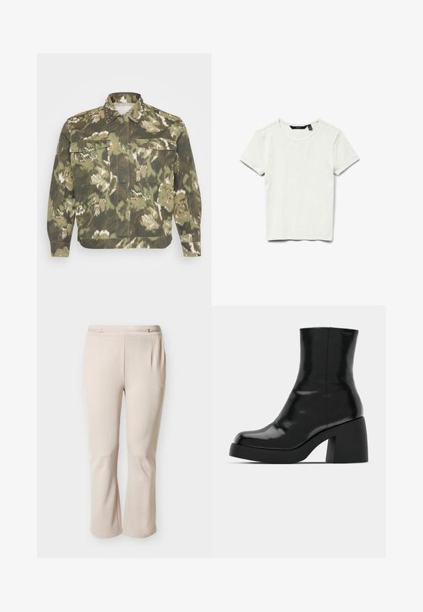 Militärstil Hemdjacke im grünen Camouflage-Muster. Mit Nietenakzenten am Kragen und an den Bündchen, zwei Brusttaschen und langen Ärmeln.; Schlichtes weißes kurzärmliges geripptes Baumwoll-T-Shirt mit rundem Ausschnitt, flach auf weißem Hintergrund dargestellt.; Beige Damenhose mit geradem Bein, dezenten Falten und schlanken, dekorativen goldenen Verschlüssen am Bund, dargestellt vor weißem Hintergrund.; Schwarze Stiefeletten mit glänzender Oberfläche, quadratischer Zehenpartie und dicker Blockabsatz. Das Design zeichnet sich durch eine nahtlose Silhouette und minimalistische Markenkennzeichnung aus.