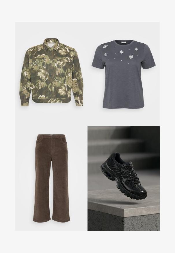 Militærinspireret skjortejakke i grøn camouflageprint. Har nitter på kraven og manchetterne, med to brystlommer og lange ærmer.; Grå bomulds T-shirt med korte ærmer, prydet med metallic blomsterapplikationer og palietter arrangeret på forsiden. Blød tekstur, afslappet pasform.; Brune kordfløjlsbukser med et vidt ben-design, der har en knaplukning, bæltestropper og forlommer. Blød tekstur og ribbet stof.; Sort Nike løbesko med mesh og syntetisk overdel, der svæver over en betonoverflade og trin i baggrunden.