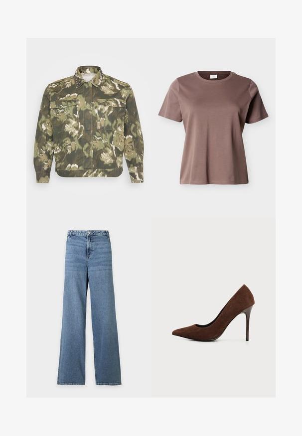 Militair-stijl overhemdjack in groene camouflageprint. Kenmerkt zich door studaccenten op de kraag en manchetten, met twee borstzakken en lange mouwen.; Korte mouwen, ronde hals, mauve-bruin katoenen T-shirt met een losse pasvorm, afgebeeld tegen een effen lichte achtergrond.; Blauwe jeans met hoge taille en wijde pijpen, met knoop- en ritssluiting aan de voorkant en klassiek ontwerp met vijf zakken op een effen achtergrond.; Bruine suède hoge hak pumps met een spitse neus en een slanke smalle naaldhak op een effen lichte achtergrond.