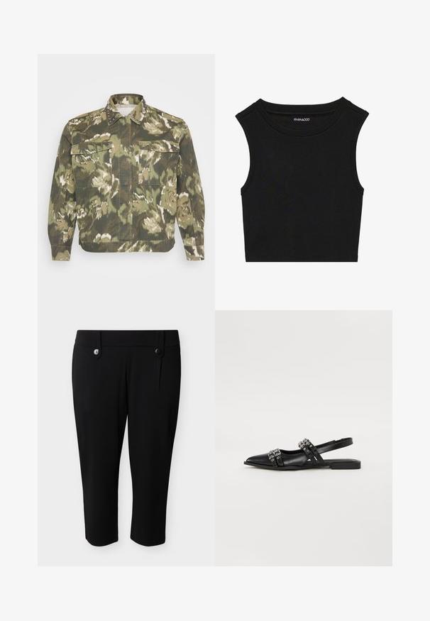 Militærinspireret skjortejakke i grøn camouflageprint. Har nitter på kraven og manchetterne, med to brystlommer og lange ærmer.; Sort ærmeløs crop top med ribbet tekstur. Har en rund halsudskæring og brede skuldersømme. Fremstillet af et strækbart stof.; Sorte cropped slim-fit bukser med høj talje og to knappedetaljer på linningen, ingen synlige lommer eller lynlåse.; Even&Odd Slingback-ballerinasko - black