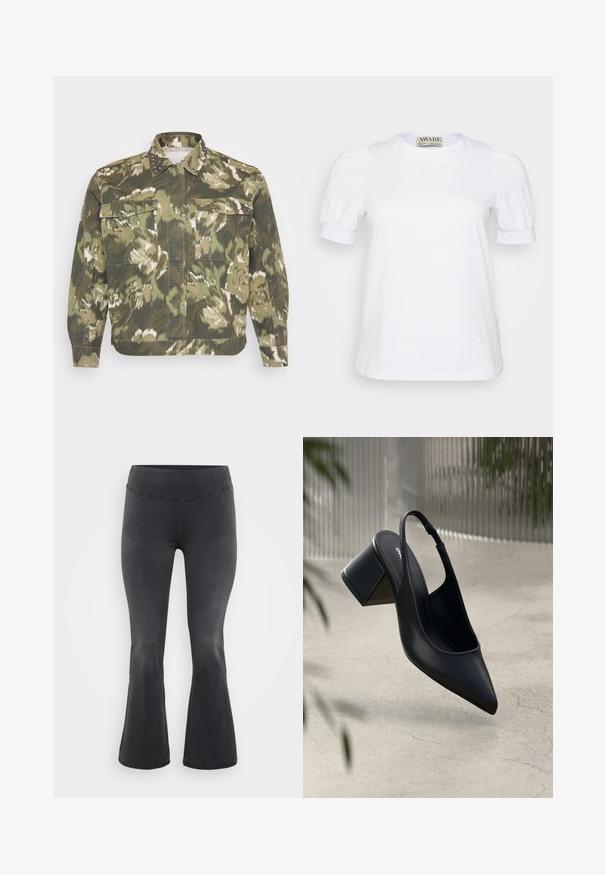Militærinspireret skjortejakke i grøn camouflageprint. Har nitter på kraven og manchetterne, med to brystlommer og lange ærmer.; Hvid kortærmet t-shirt lavet af bomuld, med rund halsudskæring og pufærmer med elastiske manchetter. Simpelt og klassisk design.; ONLY Carmakoma Flared fit CARROYAL Mid waist - Flared jeans - washed black; Sort læder slingback hæl med spids tå og blokhæl. Glat tekstur, minimalistisk design og justerbar ankelrem.