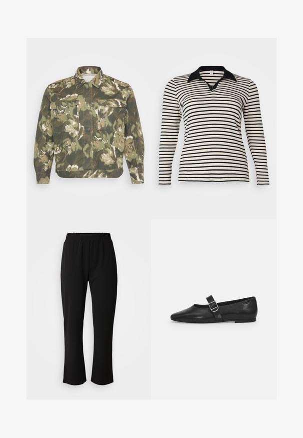Militærinspireret skjortejakke i grøn camouflageprint. Har nitter på kraven og manchetterne, med to brystlommer og lange ærmer.; Langærmet polo-shirt med sorte og crème farvede striber, sort krave og V-udskæring, med et figursyet design og ribbet tekstur.; ONLY Carmakoma CARLAMA STRAIGHT - Bukser - black; Sorte læder flade sko med rund tå, et enkelt justerbart spænde og en glat, blank overflade. Minimalistisk design med en lav hæl.