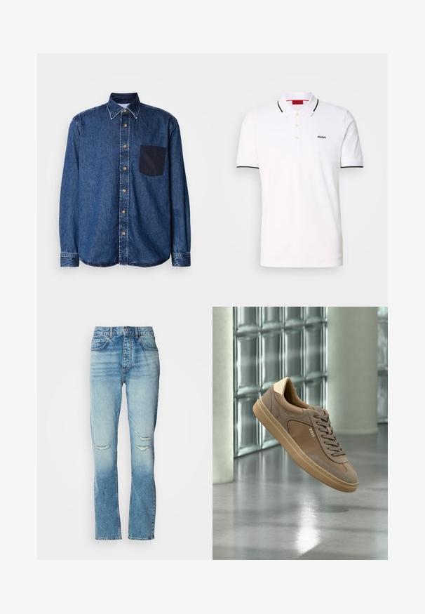 Dunkelblaue Denim-Bluse mit langen Ärmeln, durchgehender Knopfleiste, abgerundetem Saum und einer aufgesetzten Tasche auf der linken Brust. Mit braunen Knöpfen.; Weiße Polohemden aus Baumwolle mit klassischem Kragen, einer drei-Knopf-Blende, schwarzem Saum an den Ärmeln und einem kleinen schwarzen Logo auf der Brust.; Damen Jeans in mittelhoher Taillenhöhe, blauer Farbton mit dezenter Waschung, zerstörte Stellen an beiden Knien, gerade Beinform und klassisches Fünf-Taschen-Design.; Beiger Freizeitsneaker mit Schnürsenkeln und „BOSS“-Logo, der über einem polierten Betonboden mit Glasbausteinwand im Hintergrund schwebt.