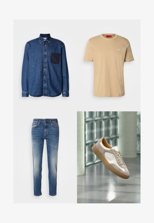 Dunkelblaue Denim-Bluse mit langen Ärmeln, durchgehender Knopfleiste, abgerundetem Saum und einer aufgesetzten Tasche auf der linken Brust. Mit braunen Knöpfen.; Beige Baumwoll-T-Shirt mit Rundhalsausschnitt, kurzen Ärmeln und einem kleinen weißen "HUGO"-Logo auf der Brust. Glatte Textur ohne Muster.; Blaue Jeans aus Denim mit geradem Bein, leichter Ausbleichung, klassischer Fünf-Taschen-Stil und einem Reißverschluss mit Knopfverschluss.; Beiger und weißer Sneaker mit brauner Sohle und „BOSS“-Logo, schwebend über einem reflektierenden glatten Boden mit Wand aus Glasbausteinen im Hintergrund.