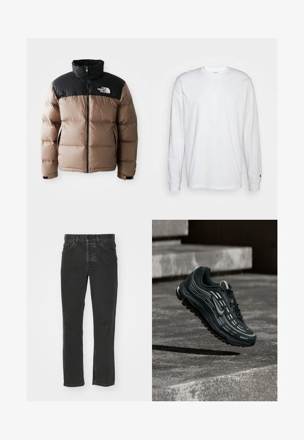 Doudoune avec une partie supérieure noire et une partie inférieure marron clair, dotée d'une fermeture éclair à l'avant, de poches latérales et d'un logo sur la poitrine.; T-shirt blanc à manches longues en coton. Design à col rond avec des poignets côtelés et un petit logo sur la manche gauche. Texture lisse.; Jean en denim noir avec une coupe droite, style cinq poches classique, taille avec bouton et finition délavée. Texture lisse, sans motifs visibles.; Baskets Nike Air Max noires et grises flottant au-dessus de marches en béton gris avec un fond de sol texturé.