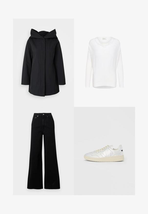 Abrigo negro con capucha, hecho de tela suave, con cremallera frontal, mangas largas y dos bolsillos laterales. Diseño sencillo y minimalista.; Suéter de punto blanco con un amplio escote redondo, mangas largas y un corte relajado. El material parece suave y tiene una textura lisa.; Vaqueros negros de pierna ancha hechos de mezclilla, con cintura alta, cinco bolsillos, cierre frontal con botones y detalles de costura mínimos.; Zapatilla con parte superior lisa de color plata metálico, suela beige claro y cordones crema. Presenta detalles perforados y una lengüeta trasera en contraste.