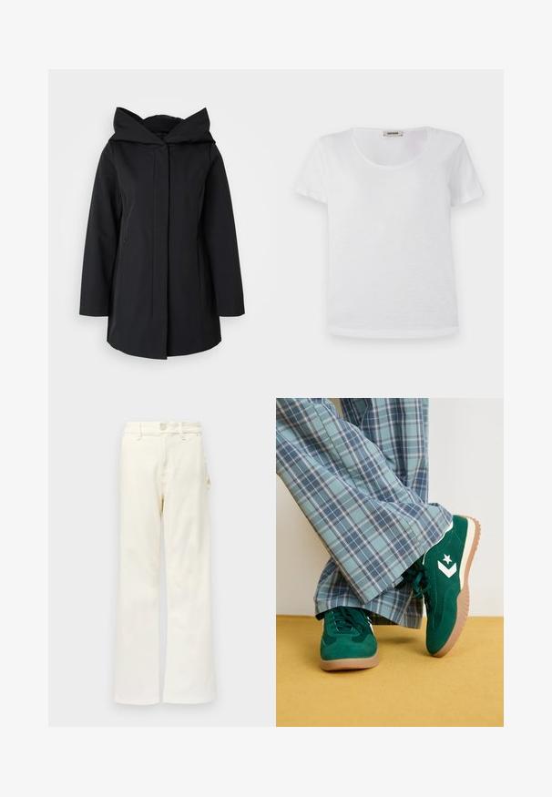 Schwarzer Kapuzenmantel aus glattem Stoff, mit einem Frontreißverschluss, langen Ärmeln und zwei Seitentaschen. Einfaches, minimalistisches Design.; Weißes Kurzarm-T-Shirt aus weichem Material, mit Rundhalsausschnitt und geradem Saum, ohne sichtbare Muster oder Akzente.; Good American GOOD 90S CARPENTER - Wide Leg - white denim; Grüne Wildledersneaker mit weißen Akzenten und einem Sternlogo, kombiniert mit weit geschnittenen blauen Karohosen, auf einem gelben Boden.