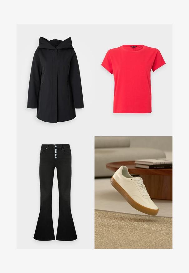 Schwarzer Kapuzenmantel aus glattem Stoff, mit einem Frontreißverschluss, langen Ärmeln und zwei Seitentaschen. Einfaches, minimalistisches Design.; Knallrotes T-Shirt mit kurzen Ärmeln und Rundhalsausschnitt, schlichtes Design und sichtbare Etikette innen am Halsausschnitt vor grauem Hintergrund.; Schwarze Schlagjeans mit hohem Bund, fünf Knöpfen am Verschluss, weicher Denim-Textur und dezenten Nahtdetails an Taschen und Nähten.; Weißer Sneaker mit Gummisohle, der über einem beigen Teppich im Wohnzimmer schwebt, mit einem Holztisch und gestapelten Büchern im Hintergrund.