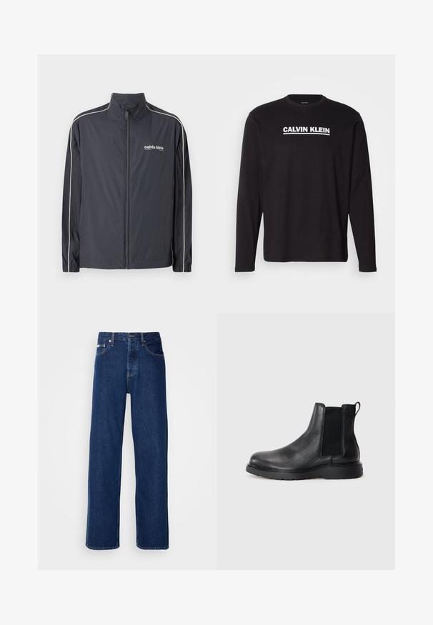 Calvin Klein Jeans Chaqueta fina - ebony; Camisa negra de manga larga hecha de algodón, con un logo blanco de "CALVIN KLEIN" en el pecho. Cuello redondo y mangas ajustadas.; Vaqueros de mezclilla azul oscuro con un diseño de pierna ancha, que presentan un cierre de botón y el clásico estilo de cinco bolsillos. La tela tiene una textura suave.; Botas Chelsea de cuero negro con acabado texturizado, paneles laterales elásticos y una suela de goma resistente. Marca sutil en el talón.