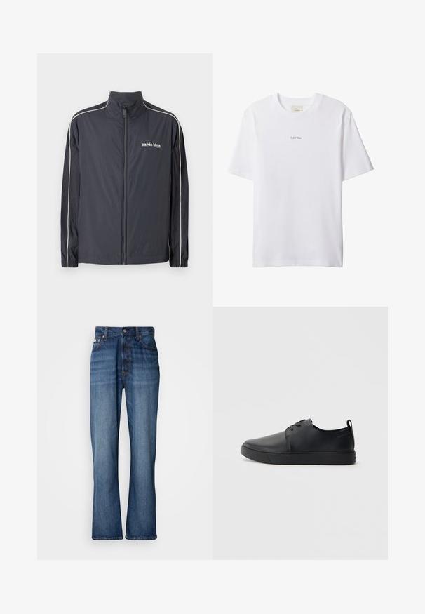 Calvin Klein Jeans Chaqueta fina - ebony; Camiseta blanca de algodón con cuello redondo y mangas cortas. Cuenta con un pequeño logo negro de "Calvin Klein" centrado en el pecho.; Jeans de mezclilla azul con cintura alta, piernas acampanadas, diseño de cinco bolsillos y costuras tonales. Cuenta con cierre de botón y bolsillos remachados.; Zapatilla negra de cuero con acabado suave, punta redondeada, costuras a tono, cordones en la parte delantera y suela de goma plana. Asa en el talón.