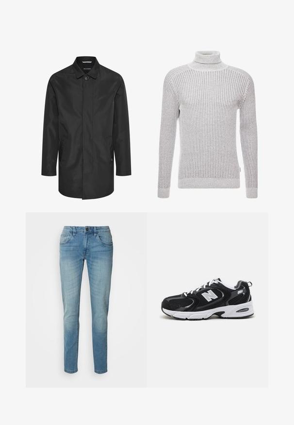Sort vandtæt jakke med krave, frontlukning med knapper, dobbelte sidelommer og en glat, mat overflade.; Grå ribbet højhalset sweater med lange ærmer, der har et tekstureret mønster og en tætsiddende silhuet ved halsen og manchetterne.; Lysblå denim jeans, lige ben, fem-lomme design, med knaplukning og subtil falming for tekstur og detaljer.; Sorte og grå sportssko med mesh og ruskind på overdelen, der har en hvid mellemsål, snørebånd og et iøjnefaldende "N" logo på siden.