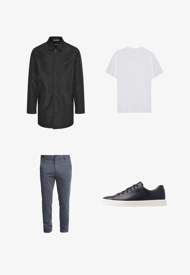 Zwarte waterdichte jas met een kraag, sluiting met knopen aan de voorkant, dubbele zijzakken en een gladde, matte afwerking.; Witte katoenen T-shirt met korte mouwen, een ronde hals en een gladde textuur. Heeft minimale branding op de halslijn.; Donkergrijze, slim-fit herenbroek met knoopsluiting en riemlussen, weergegeven tegen een witte achtergrond.; Marineblauwe leren sneakers met een gladde afwerking, platte witte rubberen zool, ronde neus en zes marineblauwe veters die door ronde oogjes zijn geregen.