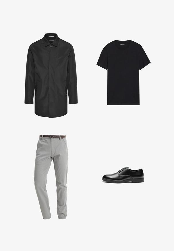 Sort vandtæt jakke med krave, frontlukning med knapper, dobbelte sidelommer og en glat, mat overflade.; Sort bomulds t-shirt med korte ærmer og rund halsudskæring. Stoffet har en glat tekstur og et enkelt, ensfarvet design.; Lysgrå bukser lavet af blødt stof, med lige ben-design, forlommer og et brunt læderbælte til fastgørelse.; Sorte læderherresko med en glat overflade, rund tå, seks hul snøresystem og en flad gummisål.