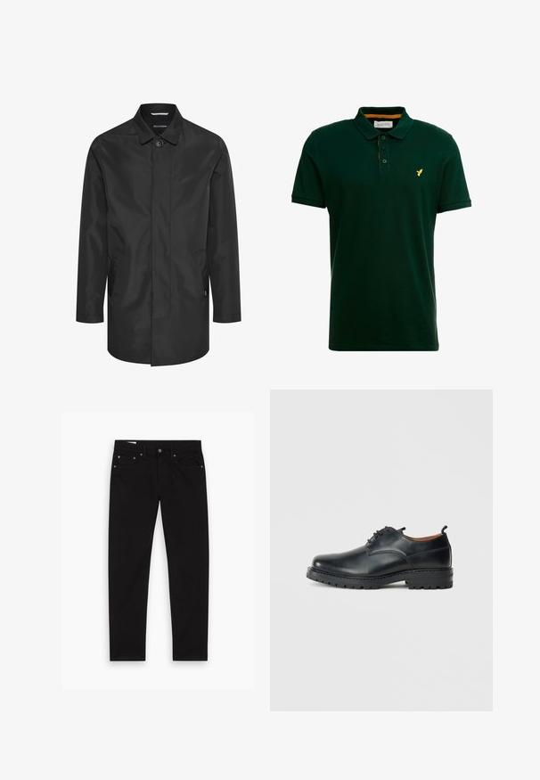 Sort vandtæt jakke med krave, frontlukning med knapper, dobbelte sidelommer og en glat, mat overflade.; Mørkegrøn polo t-shirt med klassisk krave, korte ærmer, tre-knap lukning, gyldent logo akcent på brystet og kontrasterende indvendig krave.; Sorte lige ben jeans med for- og baglommer, bæltestropper samt knappeslås og lynlås, lagt fladt på en hvid baggrund.; Sorte læder derby-sko med en glat overflade, rund tå, snøre-design og en tyk, robust gummisål.