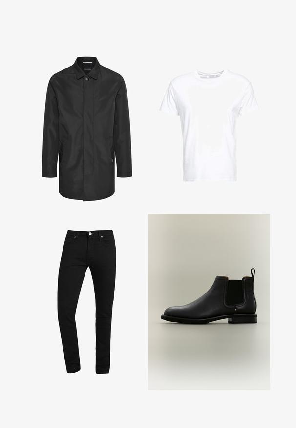 Zwarte waterdichte jas met een kraag, sluiting met knopen aan de voorkant, dubbele zijzakken en een gladde, matte afwerking.; Witte katoenen t-shirt met een ronde hals en korte mouwen, in een klassiek model met een gladde textuur. Geen patronen of hardware zichtbaar.; Zwarte slim-fit jeans met voorzakken, riemlussen, knoopsluiting en zichtbare stiksels op een witte achtergrond.; Zwarte leren Chelsea enkellaars met elastische zijpanelen en treklus op een lichtgrijze achtergrond.