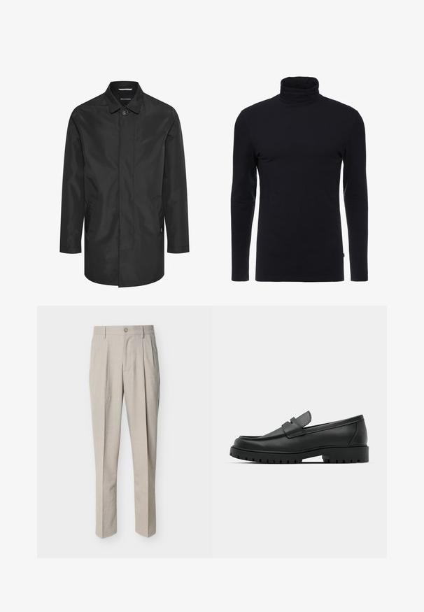 Sort vandtæt jakke med krave, frontlukning med knapper, dobbelte sidelommer og en glat, mat overflade.; Sort langærmet turtleneck skjorte lavet af blødt, strækbart stof. Har et tætsiddende design og en glat tekstur. Ingen synlige mønstre eller accenter.; Beige herre bukser med skræddersyet pasform, forreste læg, bæltestropper, knaplukning og lige ben på hvid baggrund.; Sorte læder loafers med rund tå, der har et syet design, lav platformssål og en struktureret, skridsikker gummisål.