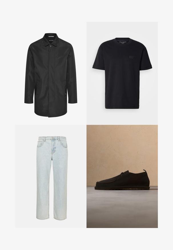 Sort vandtæt jakke med krave, frontlukning med knapper, dobbelte sidelommer og en glat, mat overflade.; Sort bomulds t-shirt med korte ærmer, rund halsudskæring og en tekstureret, sort logo-patch på brystet. Glat, let stof.; Lyseblå jeans med lige ben, forlommer, bæltestropper og knaplukning på en ensfarvet baggrund.; Mørkebrun casual lædersko med snørebånd, placeret oprejst på tæppe foran beige sofa.