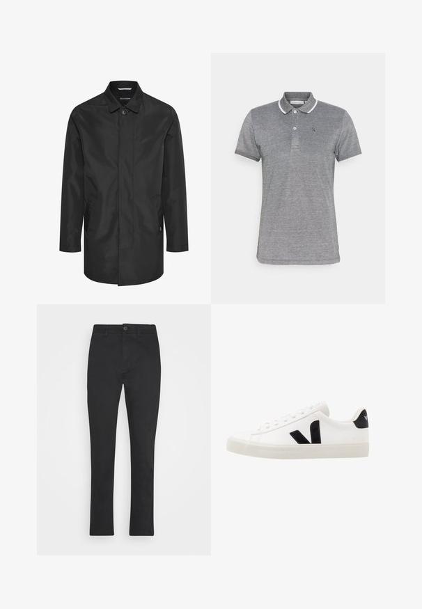 Zwarte waterdichte jas met een kraag, sluiting met knopen aan de voorkant, dubbele zijzakken en een gladde, matte afwerking.; Grijze polo shirt gemaakt van lichtgewicht stof met een klassieke kraag, een drukknoopsluiting met drie knopen en contrasterende witte afwerking op de mouwen en de kraag.; Zwarte, rechte broek gemaakt van een katoenmix. Voorzien van een knoopsluiting aan de voorkant en standaardzakken; gladde textuur met matte afwerking.; Witte leren sneaker met zwarte suède accenten; voorzien van een rubberen zool, ronde neus en een klassieke vetersluiting. Zijkant met logo in het zwart.