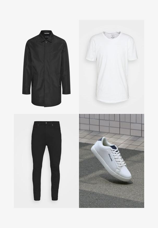 Sort vandtæt jakke med krave, frontlukning med knapper, dobbelte sidelommer og en glat, mat overflade.; Hvid kortærmet T-shirt lavet af bomuld med en klassisk rund halsudskæring. Har en let buet kant og minimale syninger.; Sorte slim-fit jeans lavet af denim, med et klassisk fem-lomme design, en knaplukning og diskrete røde stikninger.; Hvide lædersneakers med lavt design, struktureret overflade, en marineblå hælaccents og en flad gummisål med mønster.