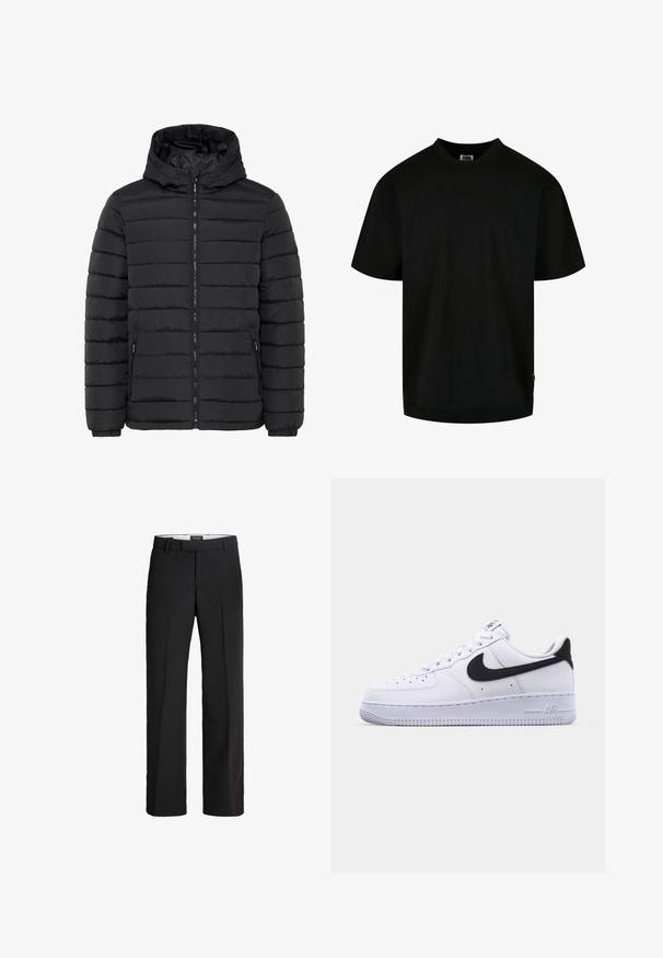 Veste doudoune noire avec fermeture éclair à l'avant, capuche, texture matelassée et poignets élastiques. Deux poches latérales avec fermetures éclair. Matériau doux et isolant.; T-shirt noir en coton, avec un col rond et des manches courtes, à coupe ample. Design simple, sans motifs ni graphiques.; Pantalon noir avec une coupe ajustée ; présente un devant lisse, deux poches latérales et une texture douce ; fabriqué à partir d'un matériau léger et respirant.; Sneaker en cuir blanc avec un Swoosh noir texturé, des lacets plats et une semelle en caoutchouc avec un motif strié. "AIR" est embossé sur le talon.