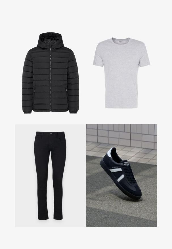 Veste doudoune noire avec fermeture éclair à l'avant, capuche, texture matelassée et poignets élastiques. Deux poches latérales avec fermetures éclair. Matériau doux et isolant.; T-shirt en coton gris avec un col rond, des manches courtes et un design sobre, offrant une texture douce et lisse sans motifs ni embellissements visibles.; Jeans slim fit noirs en denim avec une texture lisse. Dotés de cinq poches et d'une fermeture éclair avec un bouton à la taille.; Sneaker en cuir noir avec des rayures blanches, semelle en caoutchouc texturée et devant à lacets. Présente une étiquette de marque sur la languette.