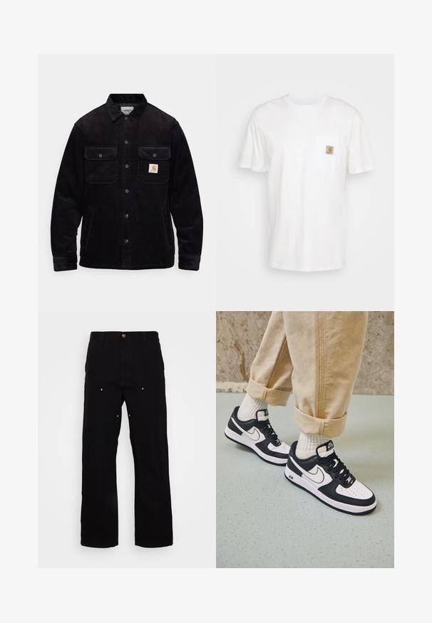 Veste en velours côtelé noir avec deux poches poitrine à rabat, un système de fermeture à boutons, et un patch logo sur la poche gauche. Tissu texturé.; T-shirt en coton blanc à manches courtes, avec une poche poitrine et un petit patch logo carré en orange et blanc sur la poche.; Pantalons en denim noir avec une coupe droite, présentant des accents en métal doré et des coutures visibles sur les poches avant et arrière.; Baskets Nike Air Force 1 en noir et blanc avec un dessus en cuir, orteil perforé et détail de semelle texturée, portées avec un pantalon beige retroussé et des chaussettes blanches.