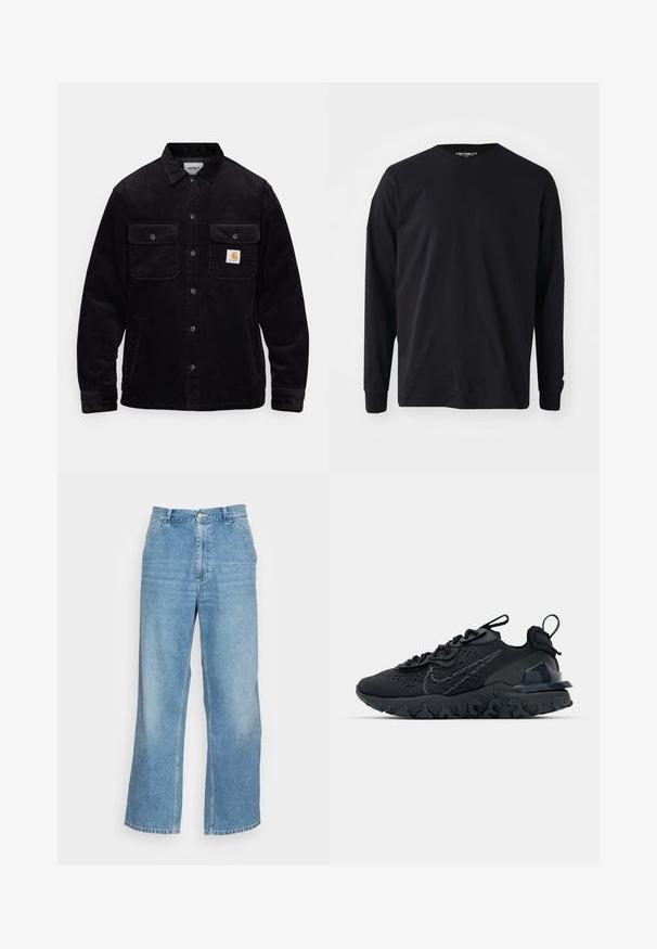 Veste en velours côtelé noir avec deux poches poitrine à rabat, un système de fermeture à boutons, et un patch logo sur la poche gauche. Tissu texturé.; T-shirt noir à manches longues en coton, avec un col rond et une coupe droite, présentant un petit logo sur la manche.; Jean large en denim bleu clair. Dispose d'une taille haute, d'une fermeture à bouton et d'un design classique à cinq poches. Texture lisse.; Chaussure de sport noire avec une tige en mesh respirant, des accents texturés et une semelle en caoutchouc ondulée. Comprend un logo réfléchissant et un système de laçage.
