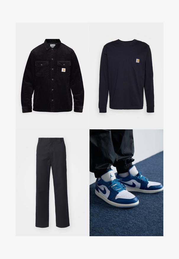 Veste en velours côtelé noir avec deux poches poitrine à rabat, un système de fermeture à boutons, et un patch logo sur la poche gauche. Tissu texturé.; T-shirt à manches longues bleu marine en coton, avec une poche sur la poitrine et un écusson de logo. Ourlet droit et poignets côtelés.; Pantalons droits noirs en tissu en mélange de coton. Présentent une taille plate avec passants de ceinture et sans matériel ou embellissements visibles.; Les baskets Nike Air Jordan présentent une base en cuir blanc avec des accents en synthétique bleu, une boîte à orteils perforée et des lacets bleus.