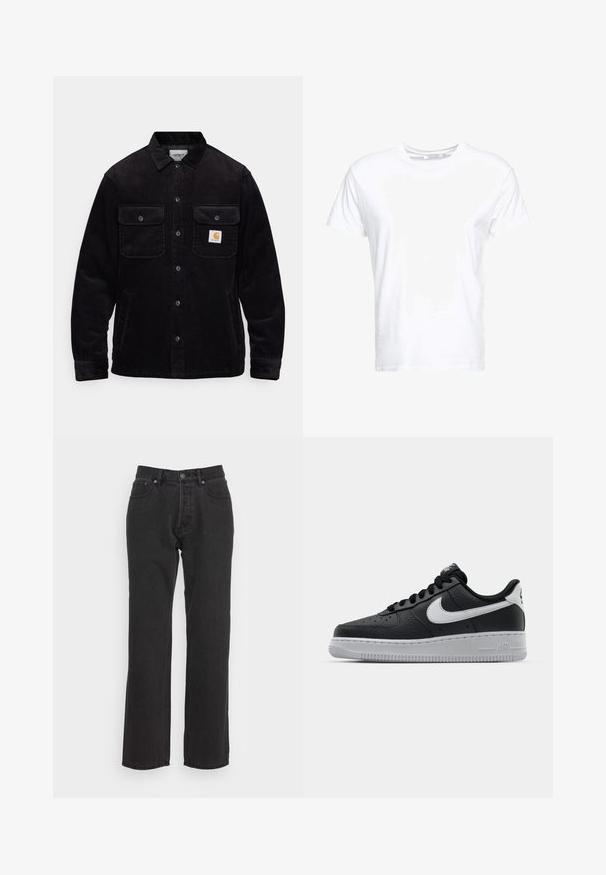 Veste en velours côtelé noir avec deux poches poitrine à rabat, un système de fermeture à boutons, et un patch logo sur la poche gauche. Tissu texturé.; T-shirt en coton blanc avec un col rond et des manches courtes, au fit classique et à la texture lisse. Aucun motif ni accessoire visible.; Jean en denim noir avec une coupe droite, dotés d'une fermeture à bouton à l'avant, de passants de ceinture et de deux poches latérales. Tissu texturé.; Baskets en cuir noir avec surface texturée, swoosh Nike blanc, semelle grise, bout rond et design à lacets. Comprend des perforations sur la boîte à orteils.