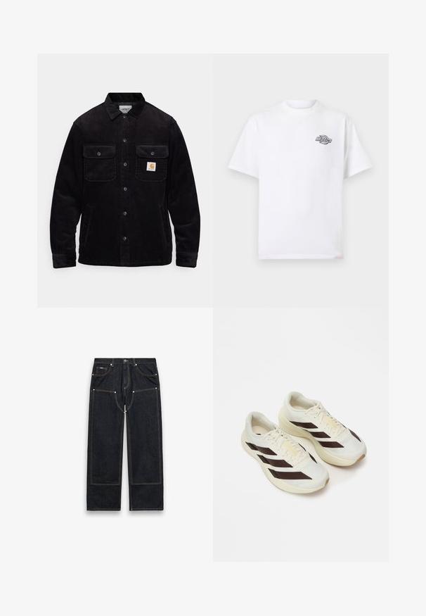 Mustat corduroy-takit, joissa on kaksi rintataskua läpillä, nappikiinnitys ja logopatch vasemmassa taskussa. Tekstuuroitu kangas.; Valkoinen lyhythihainen T-paita, jossa pieni mustavalkoinen Dickies-logo vasemmassa rinnassa, pyöreä pääntie, yksivärinen design.; Musta suora lahjeinen farkku, jossa on vahvistetut polvitaskut, näkyvä keltainen päärmäys, etu- ja takataskut sekä nappikiinnitys vyötäröllä.; Vaaleat kermansävyiset juoksukengät, joissa on tummanruskeat diagonaaliset raidat, teksturoitu verkkopinta ja pehmeä pohja. Varustettu keltaisella "ADIZERO" -brändäämisellä.
