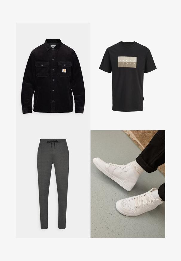 Veste en velours côtelé noir avec deux poches poitrine à rabat, un système de fermeture à boutons, et un patch logo sur la poche gauche. Tissu texturé.; T-shirt noir à manches courtes et col rond avec un logo rectangulaire beige sur la poitrine portant l'inscription "JACK & JONES".; Un pantalon de survêtement gris en tissu texturé, doté d'une taille ajustable avec cordon et de jambes fuselées, sans motifs visibles ni détails métalliques.; Baskets montantes blanches en cuir lisse avec un bout perforé, fermeture à lacets et un discret logo sur le côté. Semelle en caoutchouc texturé.