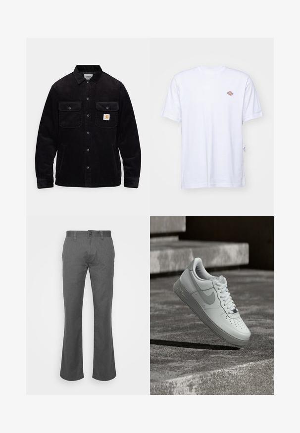 Veste en velours côtelé noir avec deux poches poitrine à rabat, un système de fermeture à boutons, et un patch logo sur la poche gauche. Tissu texturé.; T-shirt en coton blanc avec un col en V et des manches courtes. Présente un petit logo coloré brodé sur la poitrine gauche. Texture douce.; Jean gris évasé en denim, avec une fermeture à bouton à l'avant, des passants de ceinture et des poches latérales. Texture lisse avec un léger délavage.; Baskets blanches Nike Air Force 1 flottant au-dessus d'une surface en béton texturé avec des marches en pierre en arrière-plan.