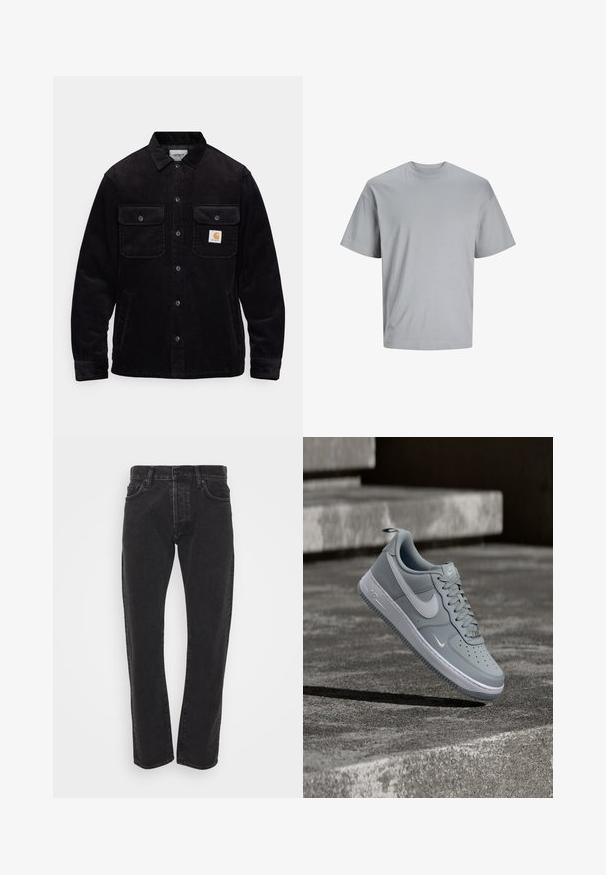Veste en velours côtelé noir avec deux poches poitrine à rabat, un système de fermeture à boutons, et un patch logo sur la poche gauche. Tissu texturé.; T-shirt gris clair à manches courtes en tissu coton doux, avec un col rond et une coupe décontractée, sans motifs ni logos visibles.; Jean en denim noir pour homme, coupe droite avec bouton et fermeture éclair à l'avant, cinq poches et passants de ceinture sur fond blanc.; Baskets Nike Air Force 1 grises avec logo swoosh blanc, flottant au-dessus d'une surface en béton texturée avec des escaliers en arrière-plan.