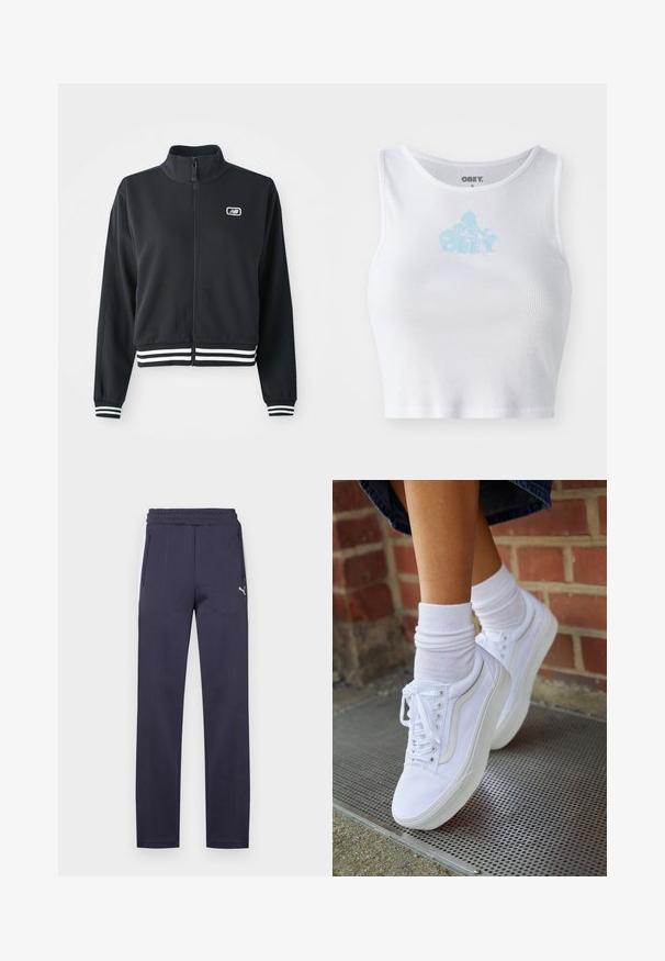 Čierna zipsová bunda s vysokým golierom, biele pruhované manžety a spodný lem, s malým logom na hrudi. Hladká textúra látky.; Biely rebrovaný crop top s okrúhlym výstrihom a svetlomodrým logom "OBEY" umiestneným na hrudi. Hladká textúra a priliehavý strih.; Námornícke športové nohavice s elastickým pásom, dvoma bočnými vreckami na zips, hladkou textúrou a jemným logom na ľavej nohe.; Biele plátené tenisky s gumovou podrážkou, s piatimi dierkami na šnúrky, okrúhlou špičkou a svetlými švami, doplnené o biele členkové ponožky.